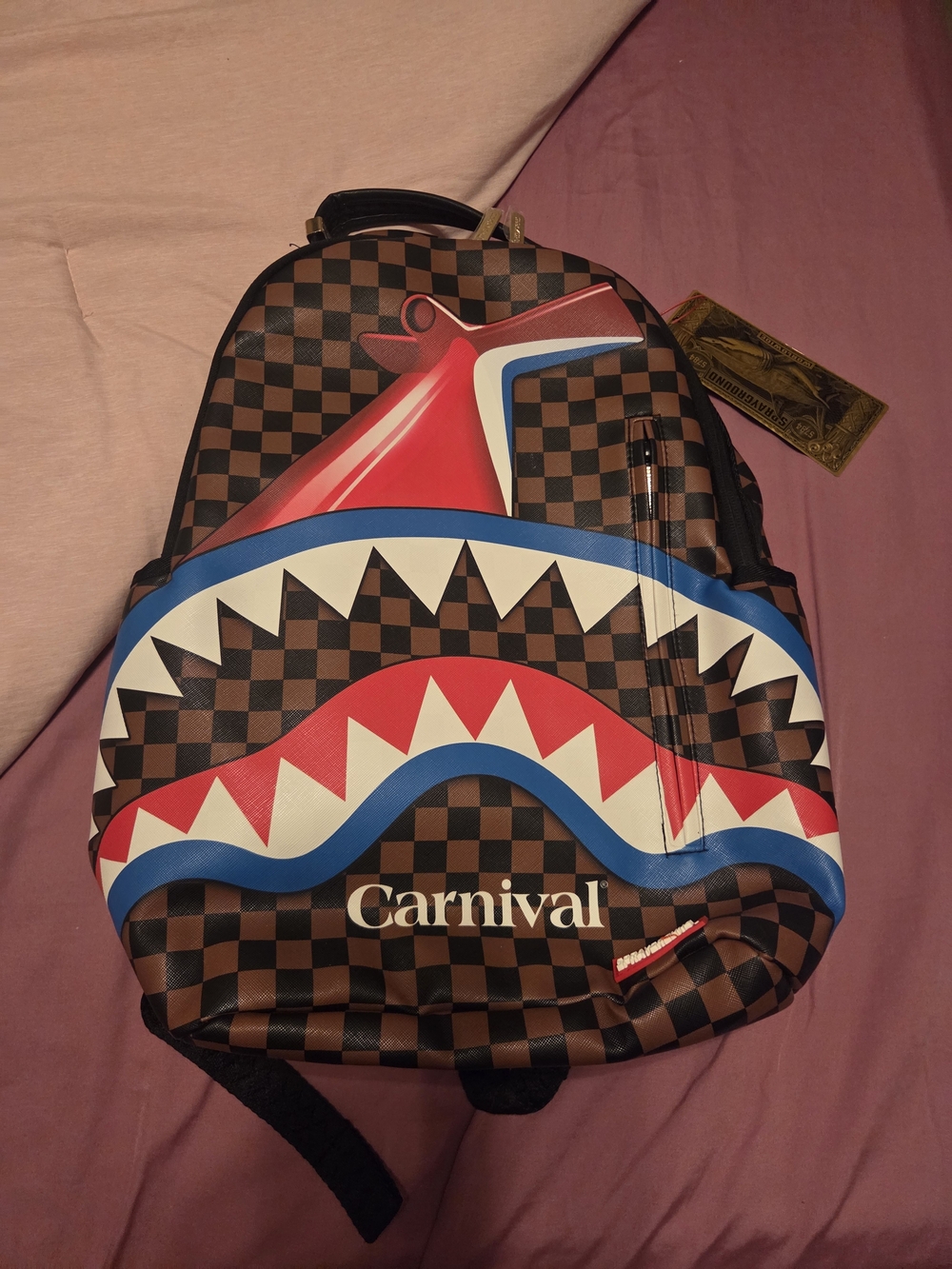 Brown Checkered Shark-Print Backpack - Red/Blue/White Accent